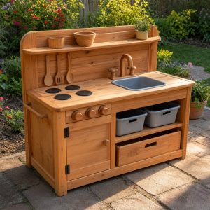 Cedar Play Kitchen With a Rainwater-Free Pretend Sink