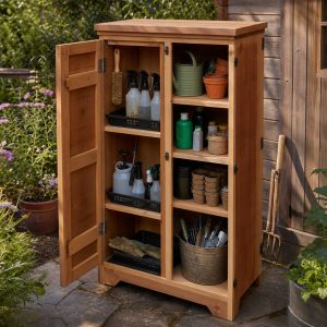 Garden Spray-Bottle Cabinet With Spill-Containment Trays