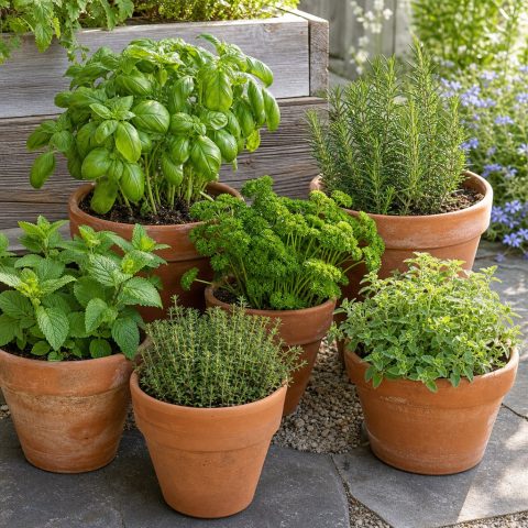 Container Herb Garden Using Mixed Terracotta Pots