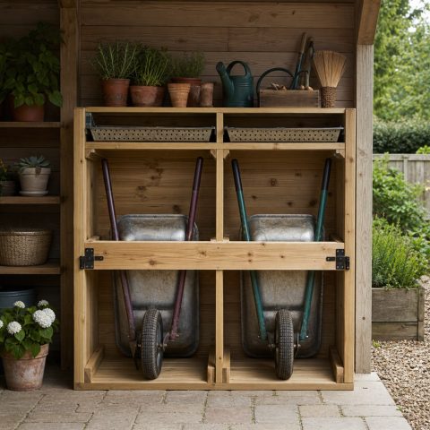 Wheelbarrow Parking Rack With a Wall Restraint