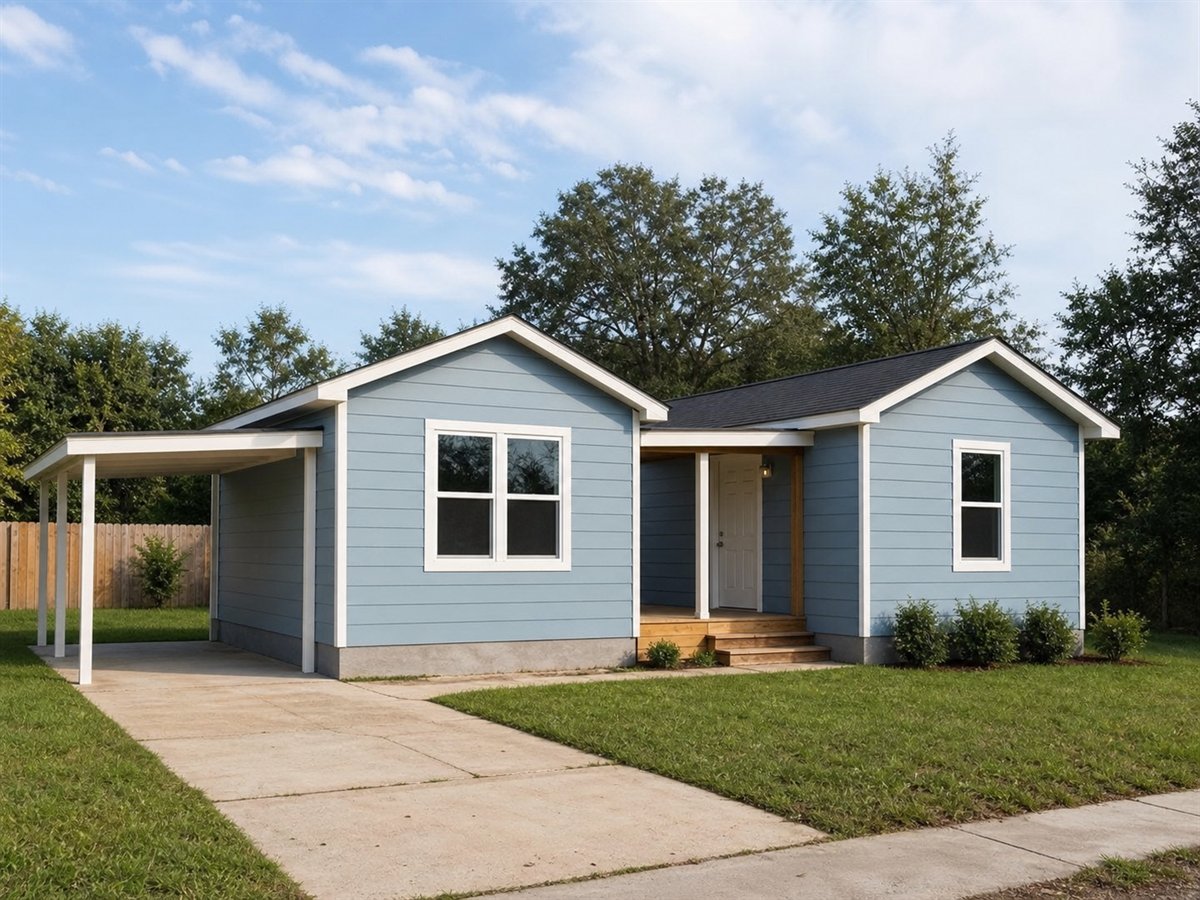 Modular Haven 697, a conceptual 697-square-foot modular one-bedroom cottage with a $103,625 construction target