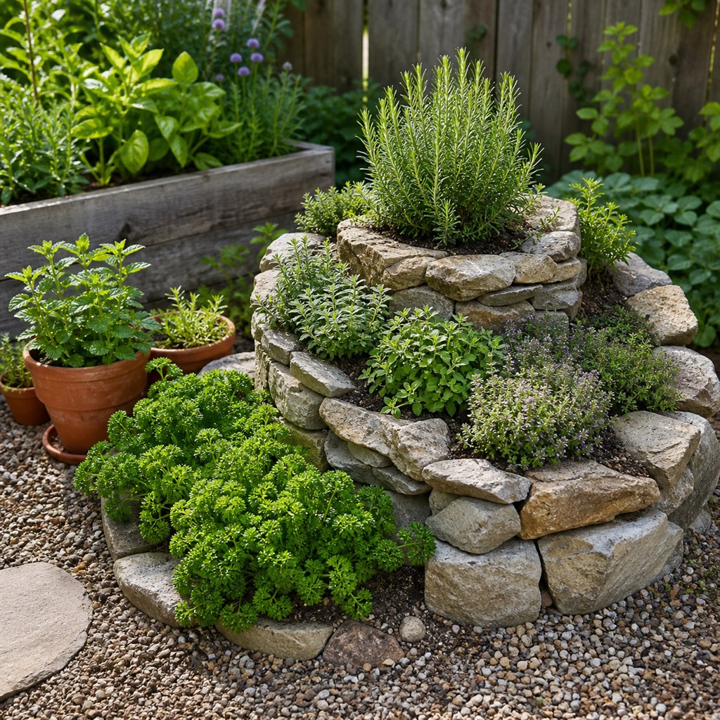 Herb Spiral Garden Built With Dry-Stacked Stone