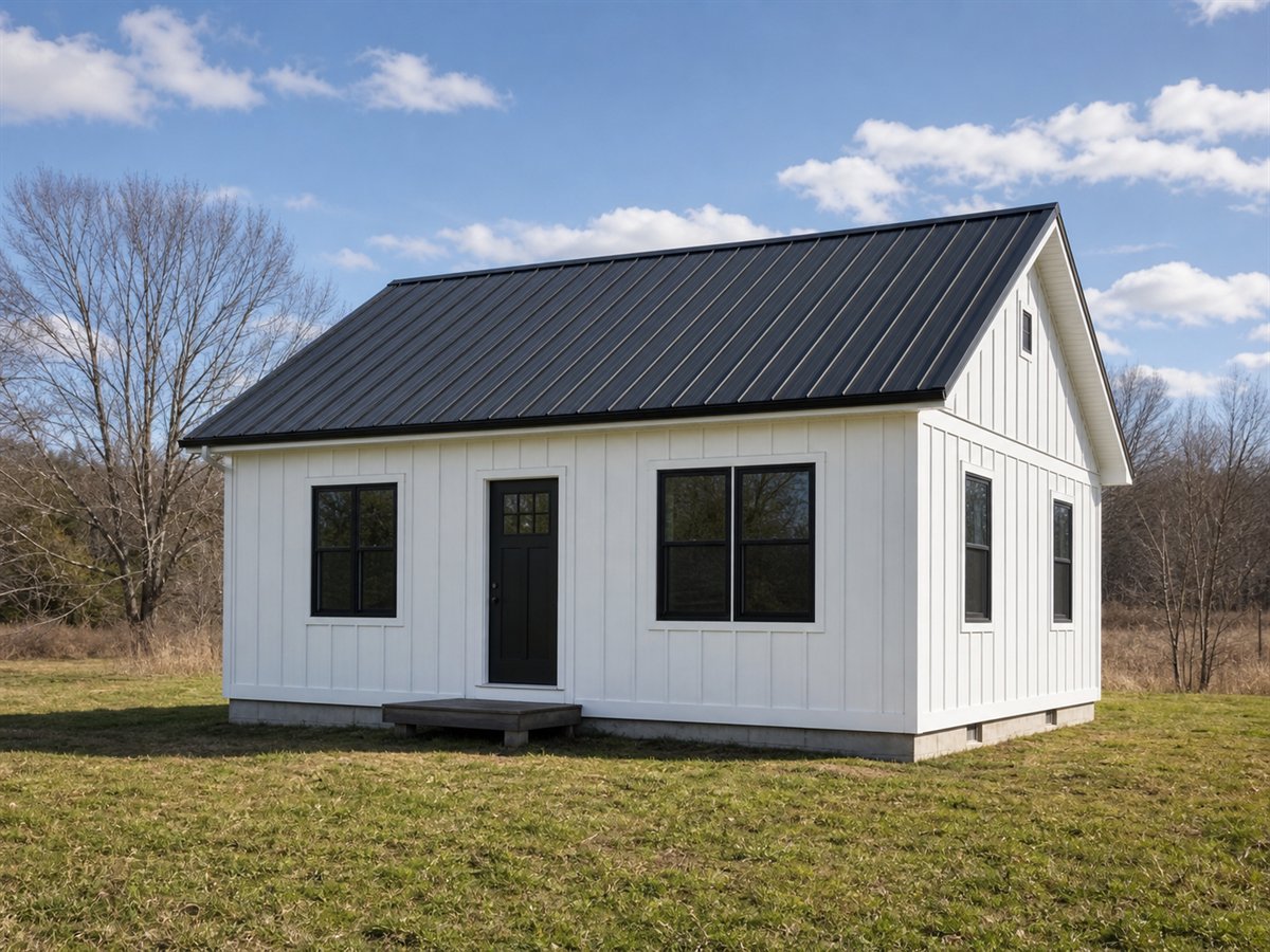 Meadow Farm 800, a conceptual 800-square-foot small modern farmhouse cottage with a $114,000 construction target