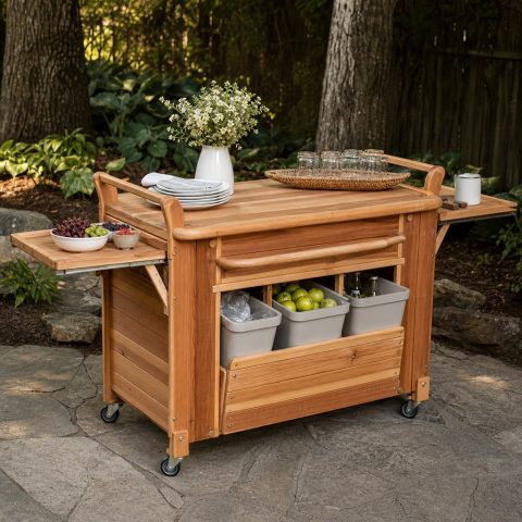 Cedar Family Picnic Cart With Fold-Out Serving Shelves