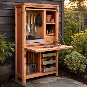 Compact Garden Workshop Cabinet With a Fold-Down Bench