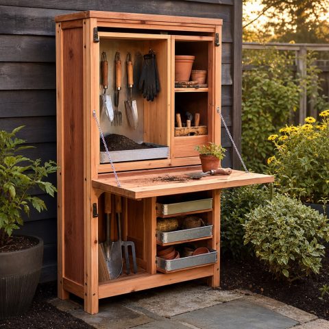 Compact Garden Workshop Cabinet With a Fold-Down Bench