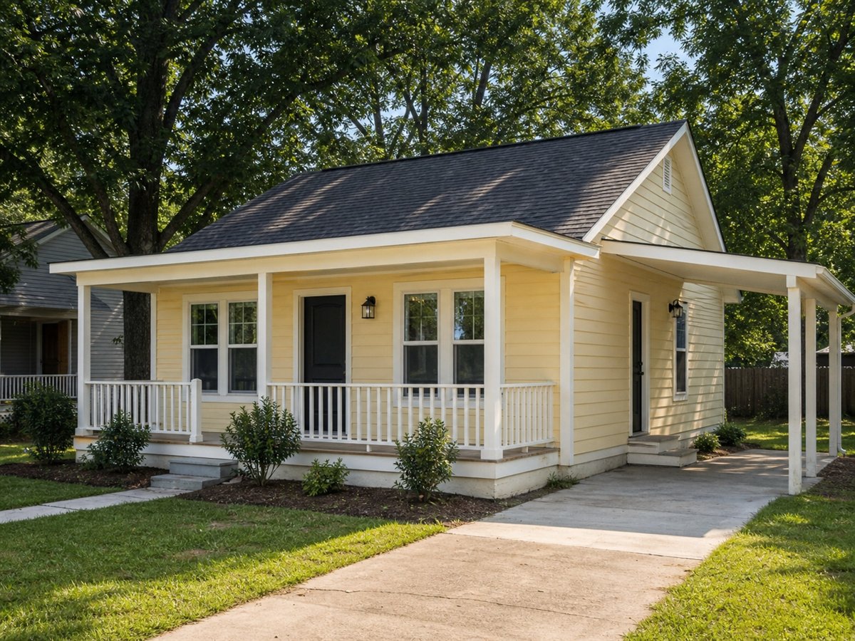 Porchlight Cottage 699, a conceptual 699-square-foot front-porch starter cottage with a $105,625 construction target