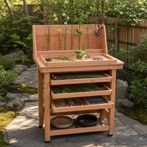 Cedar Ikebana Worktable With Narrow Vase Wells