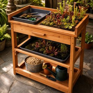 Carnivorous-Plant Display Bench With Removable Water Trays