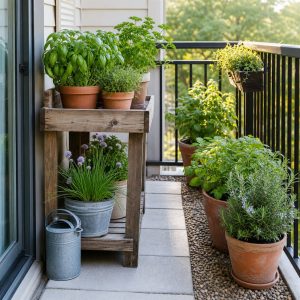 Balcony Herb Shelf With Pots at Reachable Heights