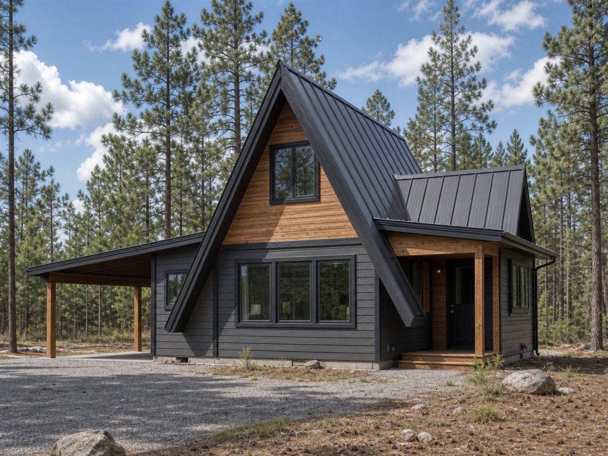 Aspen A-Cottage 733, a conceptual 733-square-foot restrained A-frame cottage with a $108,625 construction target