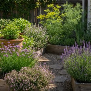 Mediterranean Herb Garden With Gravel and Stone Edges