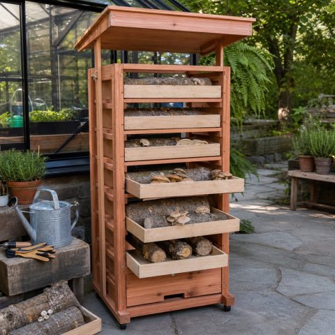 Mushroom Log Rack With a Removable Shade Roof