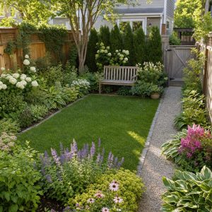 Small Backyard Garden With a Central Lawn and Deep Borders