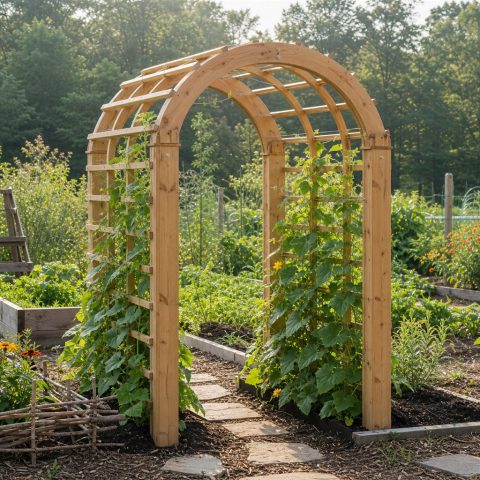 Arched Cucumber Tunnel Built From Wood Ribs