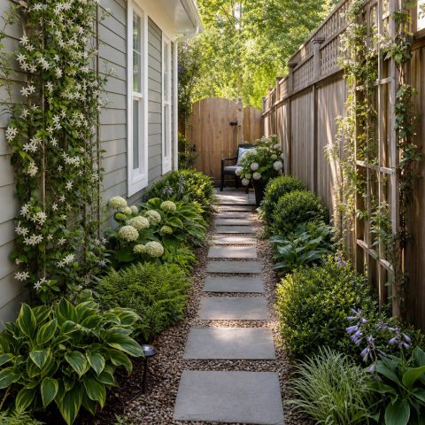 Narrow Side-Yard Garden With Stepping Stones and Climbers