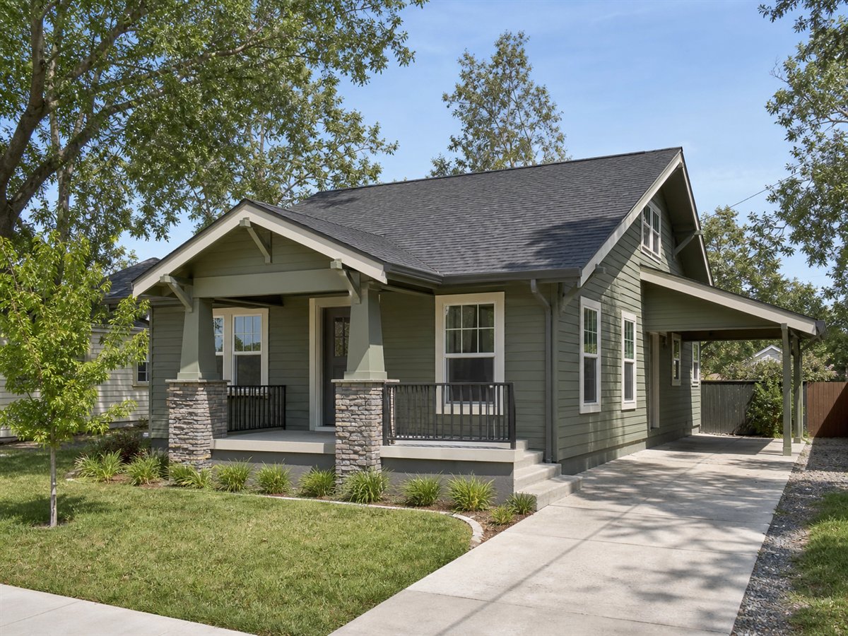 Oakstep Bungalow 737, a conceptual 737-square-foot small Craftsman bungalow with a $111,625 construction target