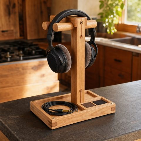 Wooden Headphone Stand With a Cable Tray