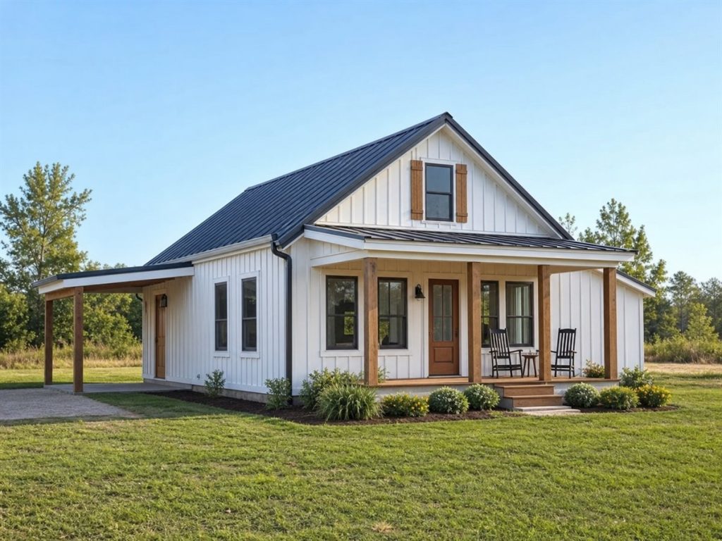 $112,625 Compact Small Board-And-Batten Farmhouse: 738-Sq.-Ft. Two-Bedroom Plan