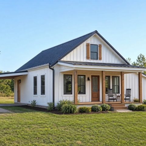 $112,625 Compact Small Board-And-Batten Farmhouse: 738-Sq.-Ft. Two-Bedroom Plan