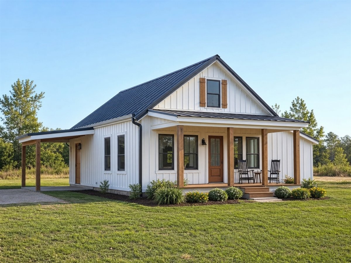 Meadowline Cottage 738, a conceptual 738-square-foot small board-and-batten farmhouse with a $112,625 construction target