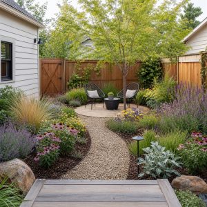 Small Gravel Seating Garden With a Curved Flower Border