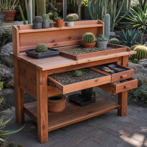 Cactus Repotting Bench With a Deep Gravel Catch Tray