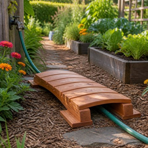 Garden Hose Crossing Bridge for a Busy Path