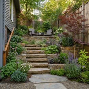 Small Sloped Shade Garden With Broad Stone Steps