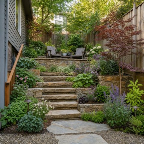 Small Sloped Shade Garden With Broad Stone Steps