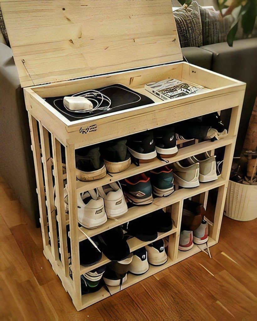 Compact rolling wooden shoe rack with multiple shelves