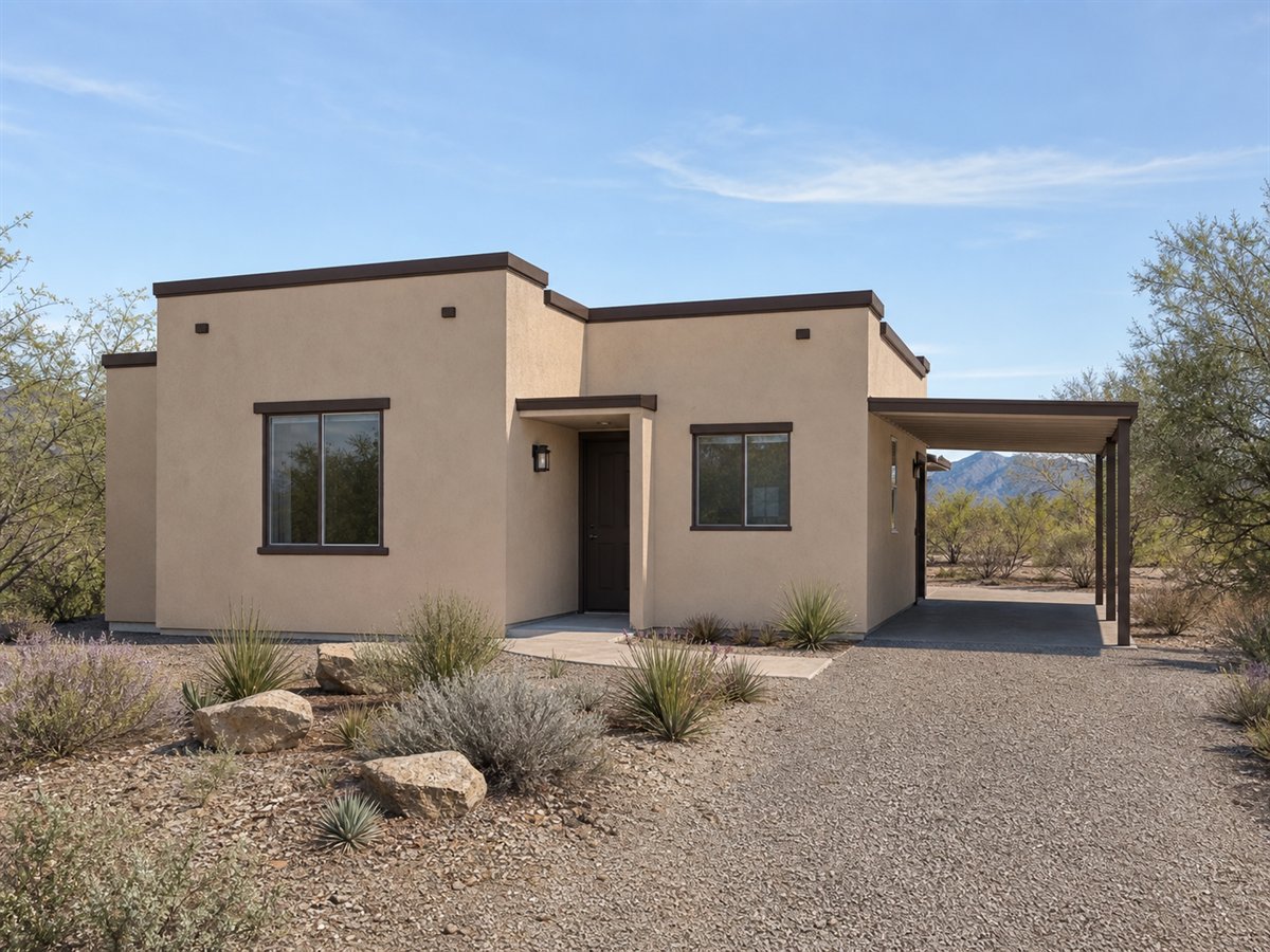 Saguaro Casita 771, a conceptual 771-square-foot desert small-home casita with a $114,625 construction target