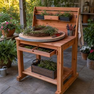 Cedar Wreath-Making Table With a Rotating Work Ring