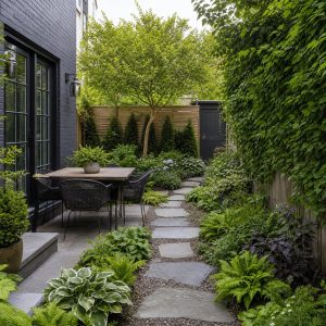Narrow Garden Dining Courtyard With a Stepping-Stone Floor