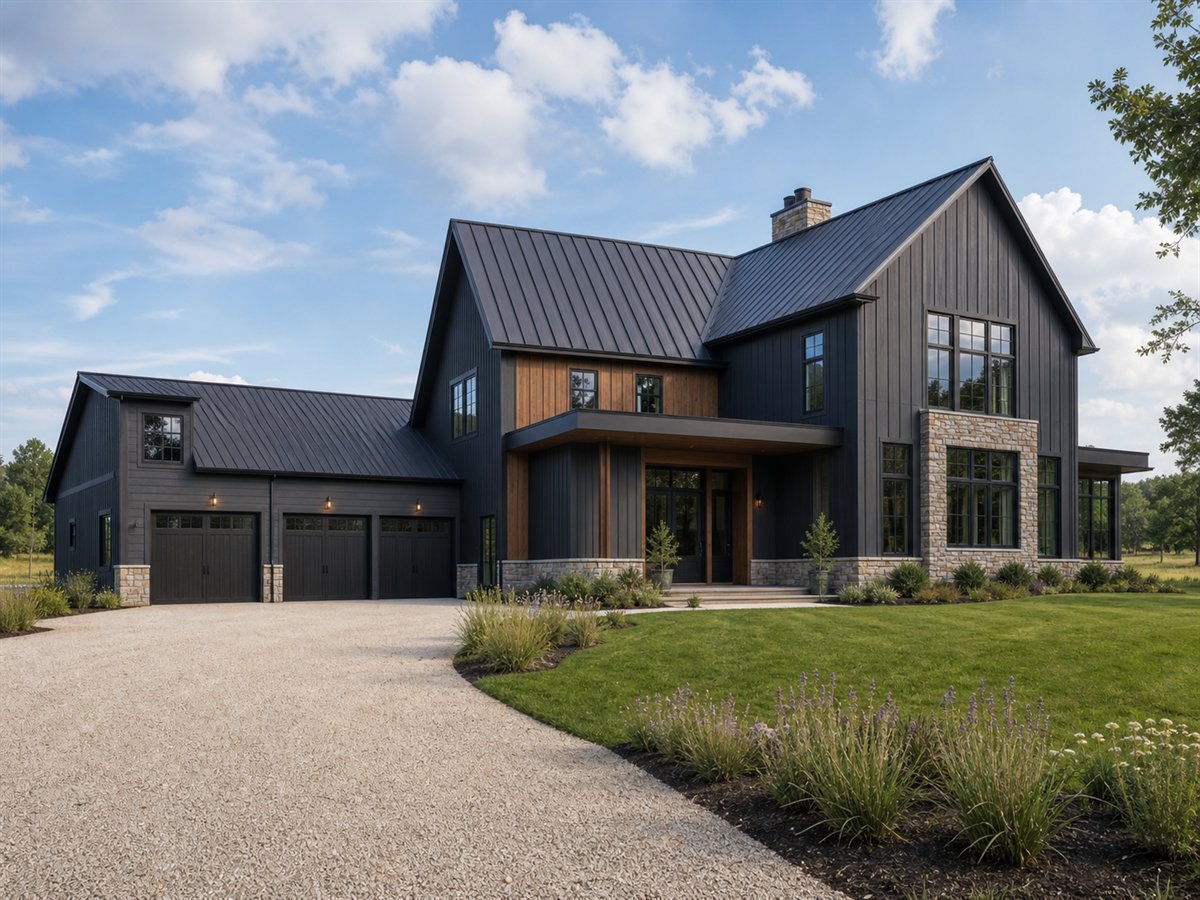 Blackwood Barn House 4300, a conceptual 4300-square-foot modern barn custom home with a $955,000 construction target