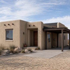 $116,625 Compact Adobe-Inspired Small Cottage: 773-Sq.-Ft. Two-Bedroom Plan