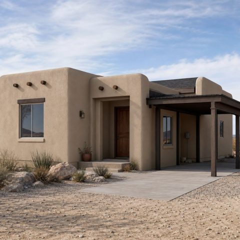 $116,625 Compact Adobe-Inspired Small Cottage: 773-Sq.-Ft. Two-Bedroom Plan