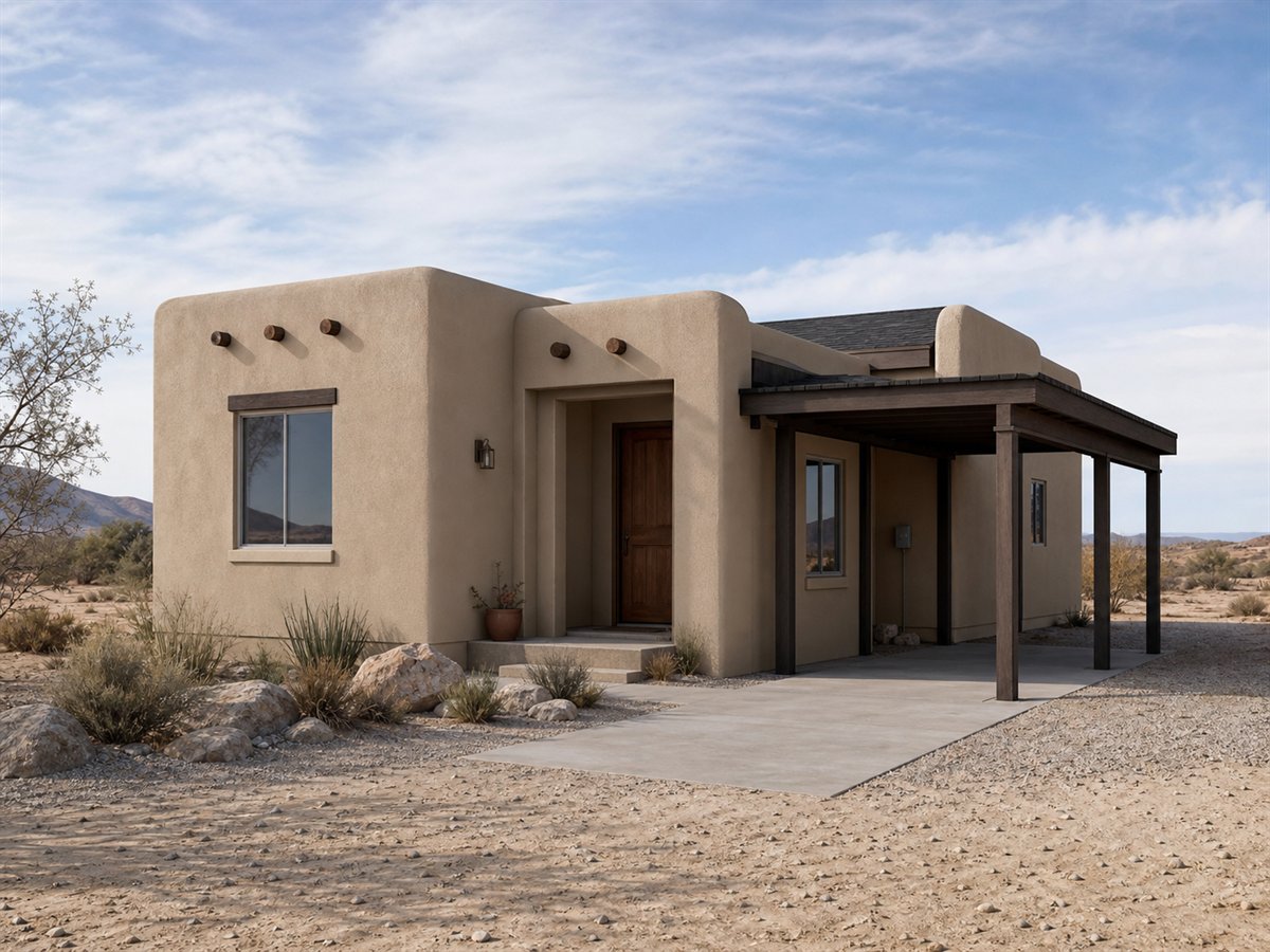 Adobe Hearth 773, a conceptual 773-square-foot adobe-inspired small cottage with a $116,625 construction target