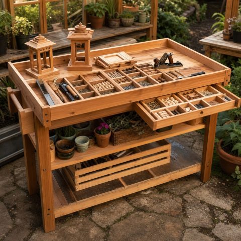 Garden Lantern-Making Bench With Divided Parts Bins