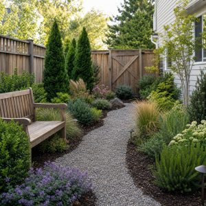 Small Shade Garden Path With a Built-In Resting Bench