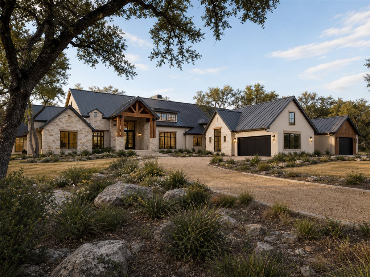 Canyon Oak House 4340, a conceptual 4340-square-foot Texas Hill Country custom home with a $965,000 construction target