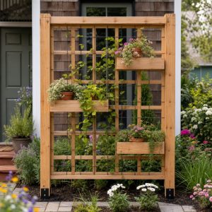 Window Privacy Trellis With Offset Plant Shelves