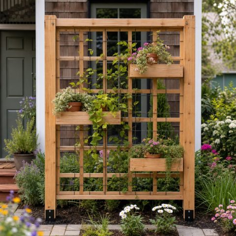 Window Privacy Trellis With Offset Plant Shelves