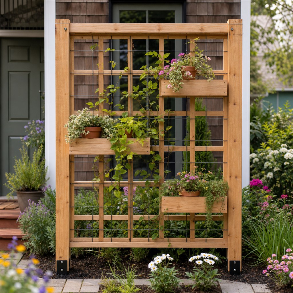 Window Privacy Trellis With Offset Plant Shelves