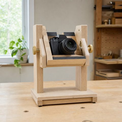 Wooden Camera Stand With an Adjustable Tilt Cradle