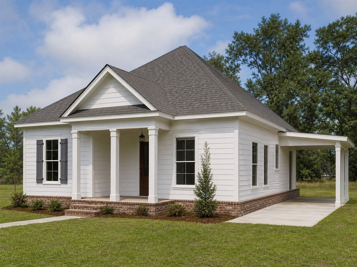 Bayou Field Cottage 777, a conceptual 777-square-foot small Acadian cottage with a $119,625 construction target