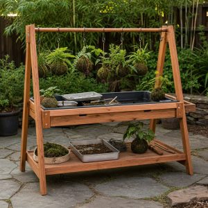 Cedar Kokedama Hanging Stand With a Drip-Catch Shelf