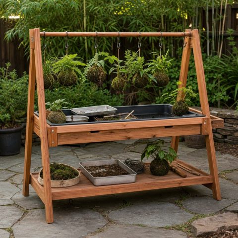 Cedar Kokedama Hanging Stand With a Drip-Catch Shelf