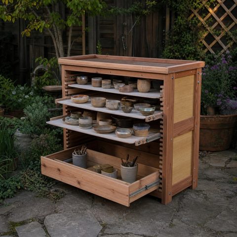 Garden Pottery-Drying Rack With Adjustable Wood Shelves