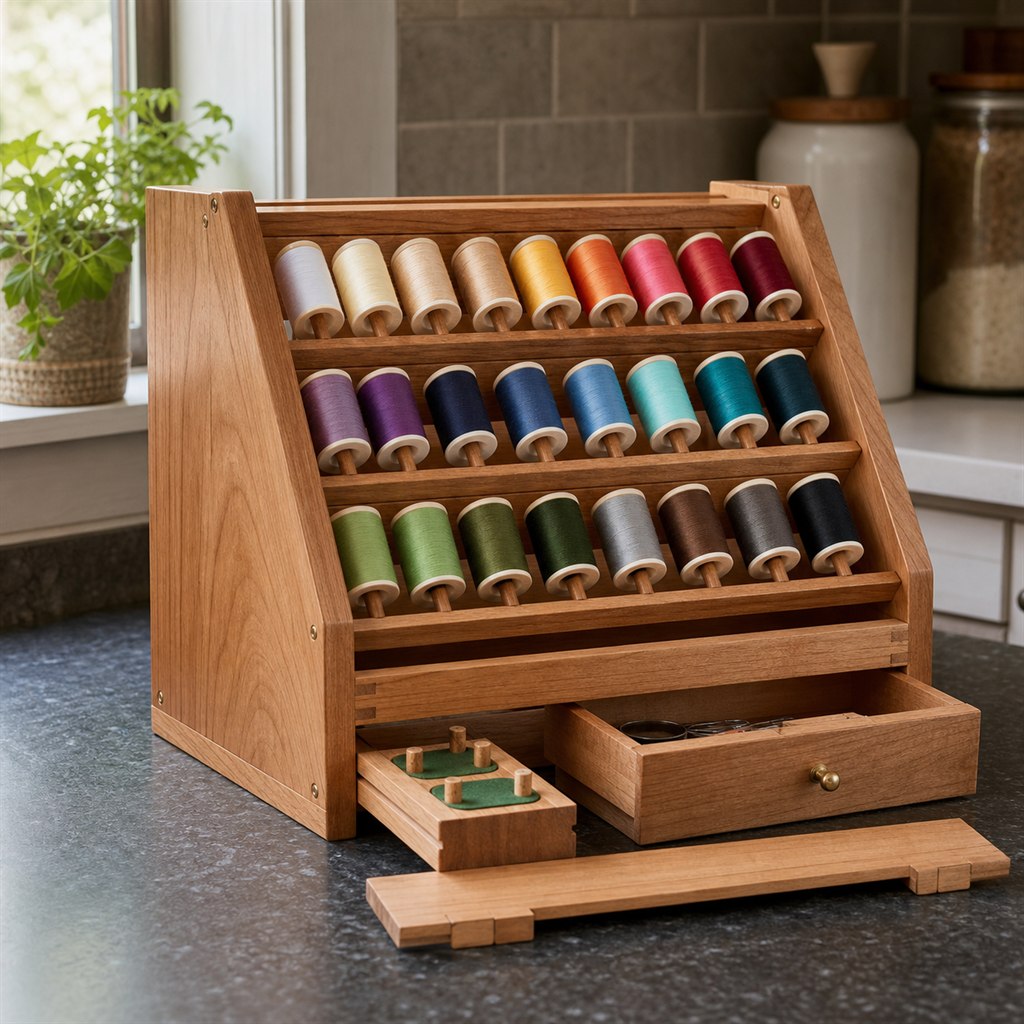 Sewing-Thread Rack With Captive Spool Dowels